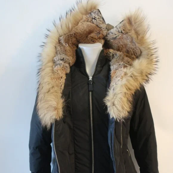 Womens Mackage Lavish Trish Black Fur Hood Trim Zip Duck Down Puffer Coat XS